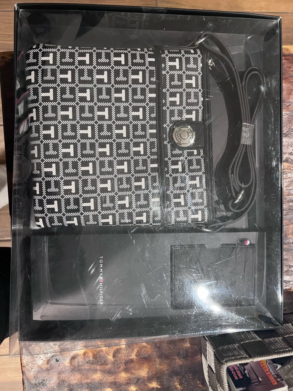 Tommy Hilfiger Black and White Monogram Crossbody Bag